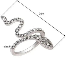 Snake design ring, silver-tone with round rhinestones; size label shown