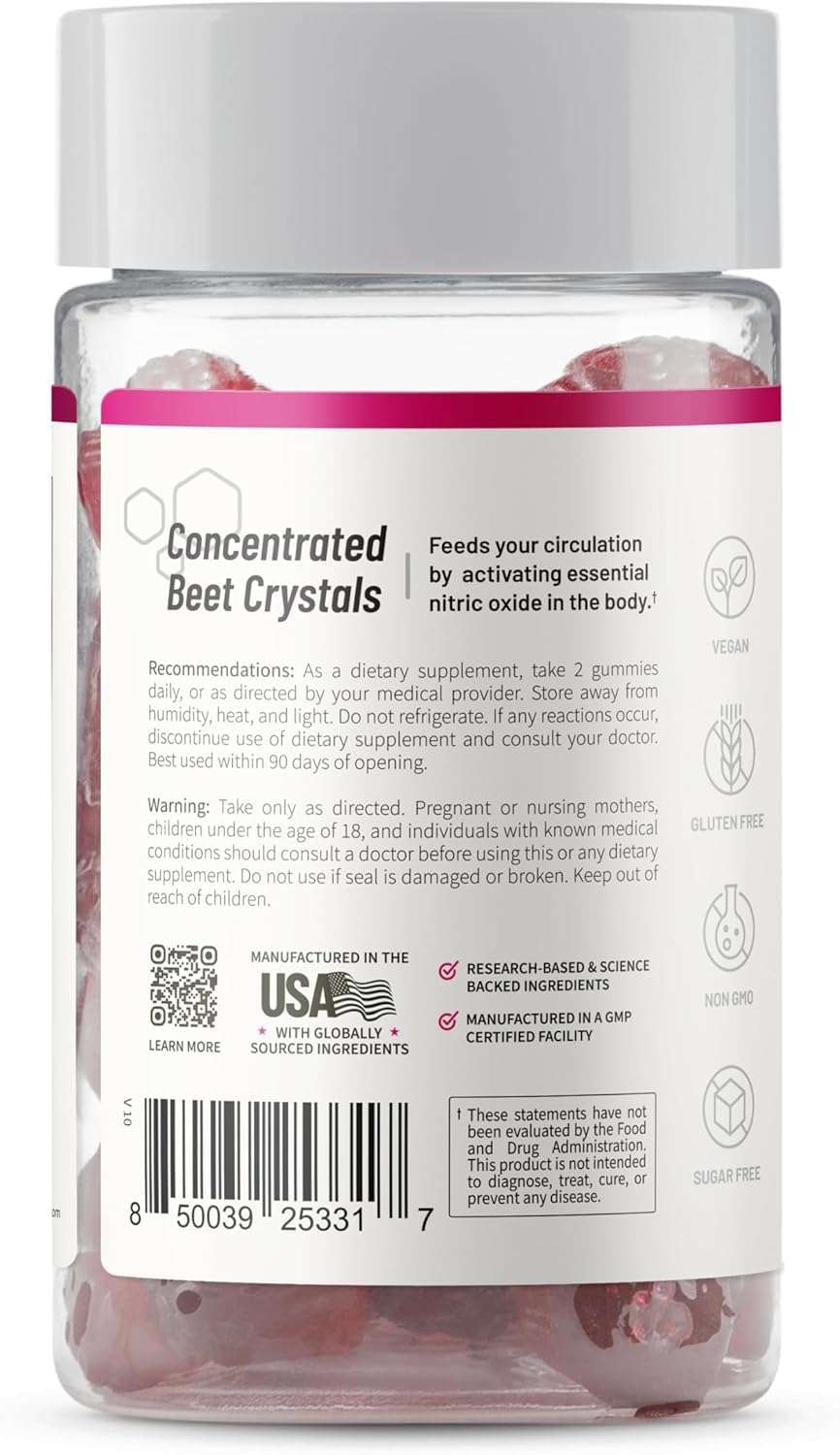 Snap Supplements clear jar of pink beet gummies Concentrated Beet Crystals nitric oxide supplement gummies with white lid