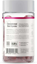 Back label panel reading concentrated beet crystals on gummy bottle with red gummies inside