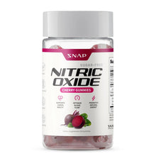 Sugar-free Nitric Oxide cherry gummies bottle with purple label and red gummies visible