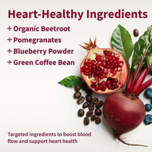 Heart-healthy ingredients infographic with organic beetroot, pomegranates, blueberries, and green coffee