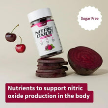 Sugar-free Nitric Oxide gummy bottle with stacked red gummies and beet images