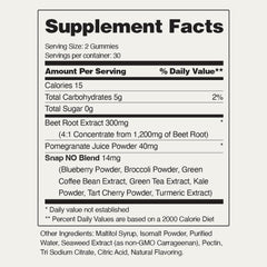 Snap Supplements nitric oxide supplement gummies label showing Supplement Facts 2 gummy serving beet root 300mg