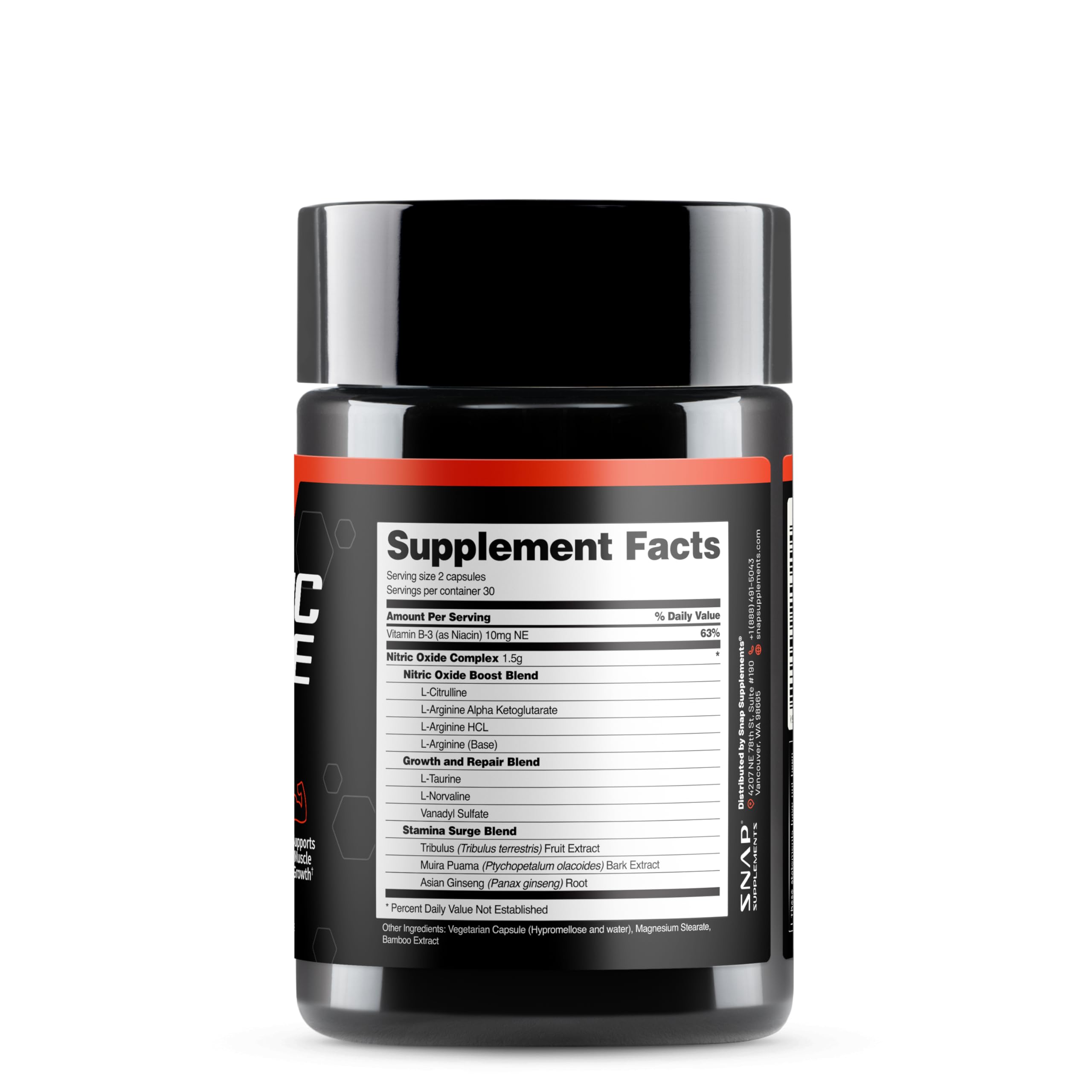 Snap Supplements fitness supplement black bottle with Supplement Facts label nitric oxide supplement UAE