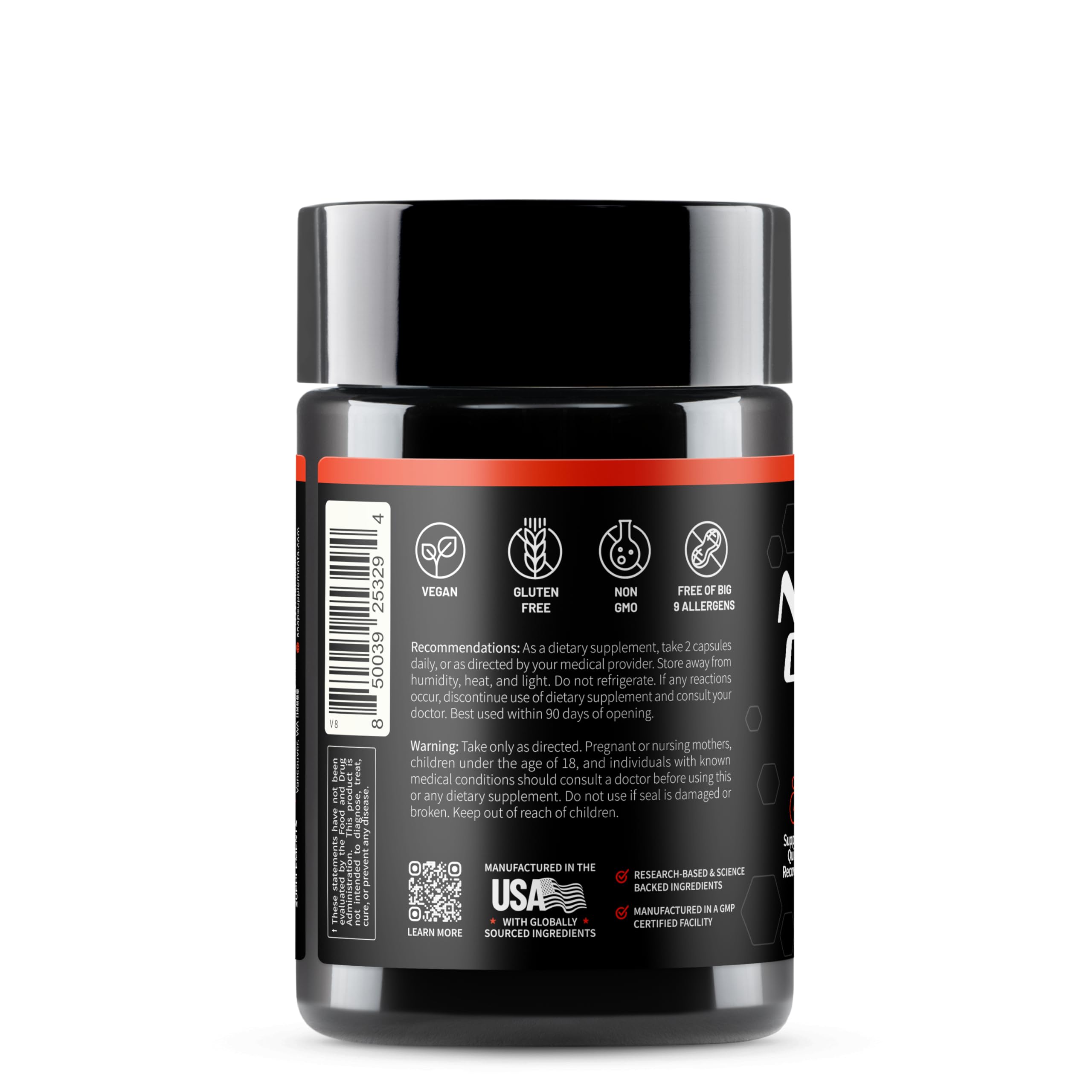Snap Supplements black and red supplement bottle showing back label icons and information nitric oxide supplement UAE