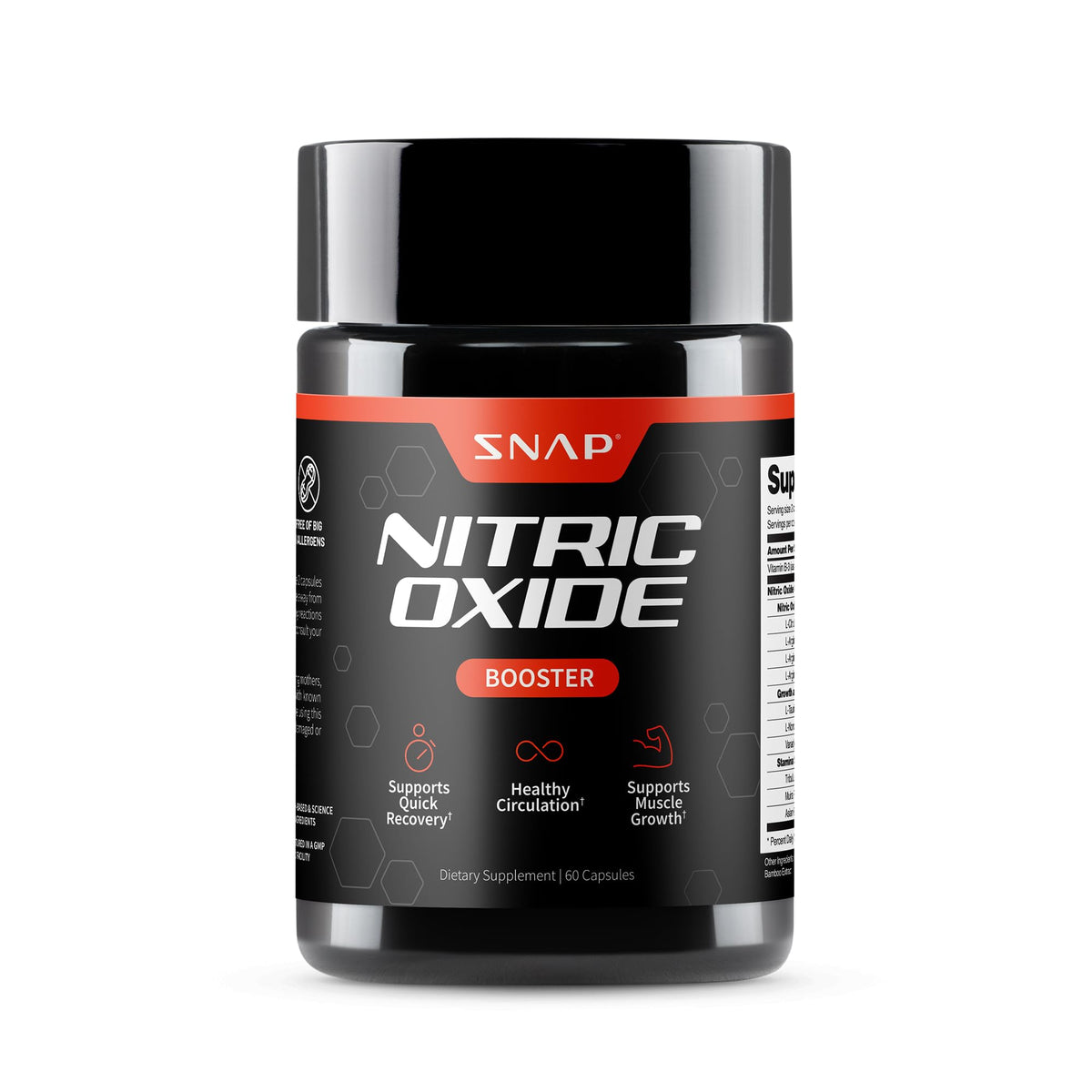 Snap Supplements Nitric Oxide Booster bottle with black and red label, supports circulation and recovery nitric oxide supplement UAE