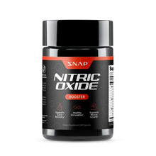 Nitric oxide booster supplement bottle with black-and-red label and silver cap