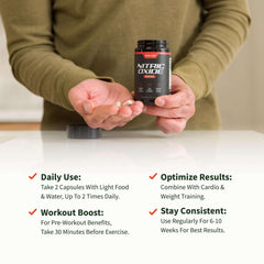 Snap Supplements nitric oxide supplement UAE bottle and capsules held over table with dosage and workout tips