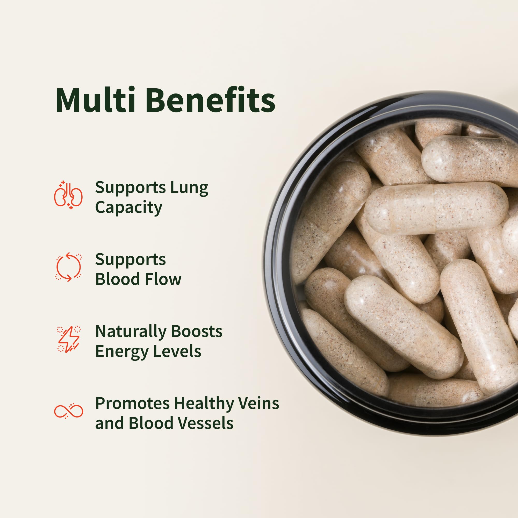 Snap Supplements nitric oxide supplement UAE jar of beige capsules alongside multi benefits list for blood flow and energy