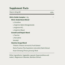 Supplement facts label on nitric oxide booster bottle with ingredient and dosage list