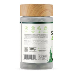 Snap Supplements frosted bottle with wooden cap and label icons plus barcode for organic chlorella spirulina capsules