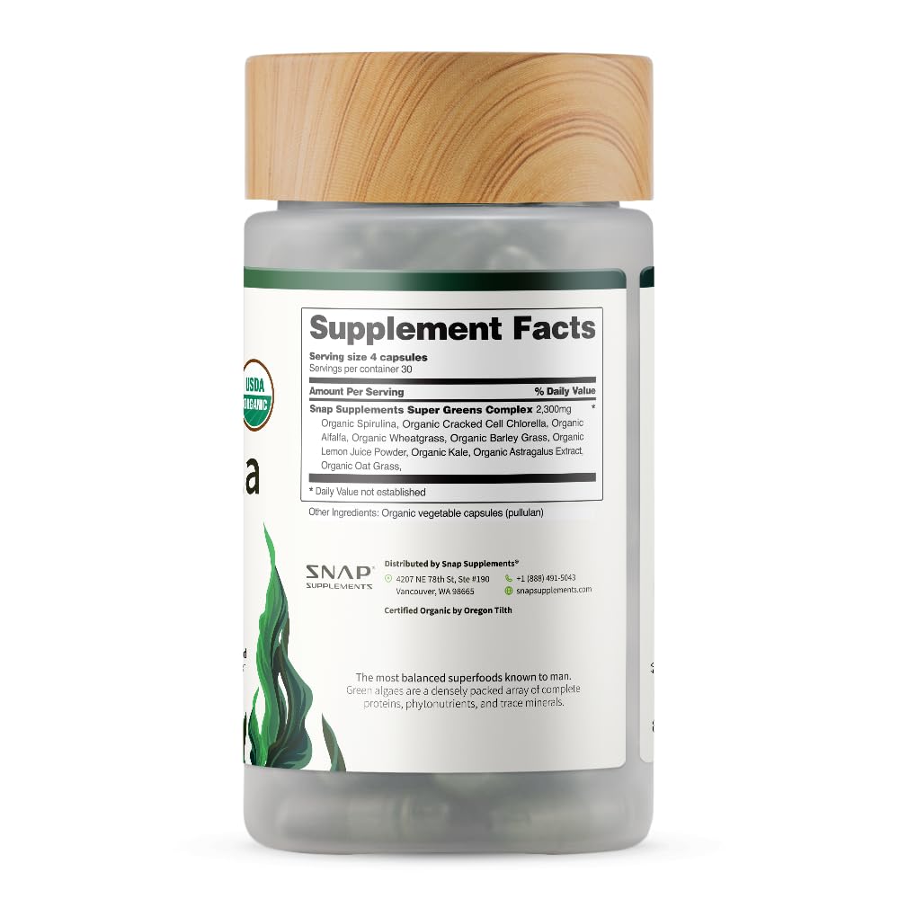 Snap Supplements bottle with wooden cap showing supplement facts label and organic chlorella spirulina capsules inside