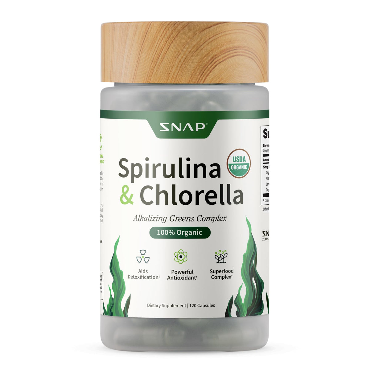 Snap Supplements bottle of Spirulina and Chlorella dietary supplement organic chlorella spirulina capsules 120 count