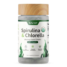 Spirulina & Chlorella supplement bottle with green label and SNAP branding