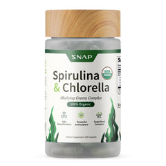Snap Supplements bottle of Spirulina and Chlorella dietary supplement organic chlorella spirulina capsules 120 count