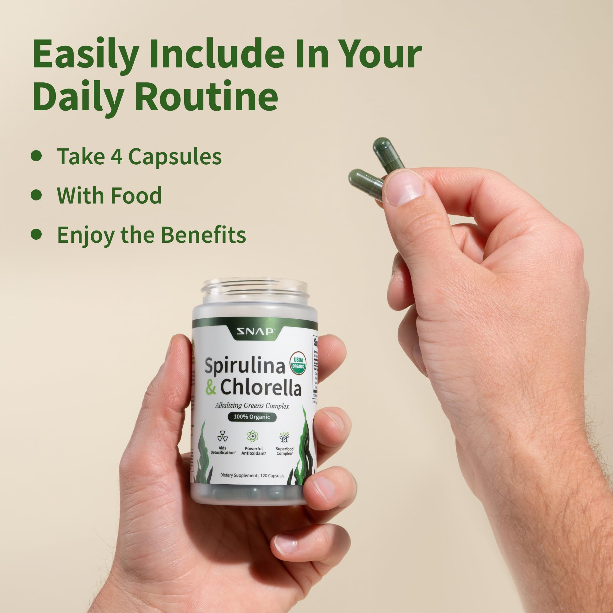 Snap Supplements Spirulina and Chlorella bottle with hand holding green pills organic chlorella spirulina capsules