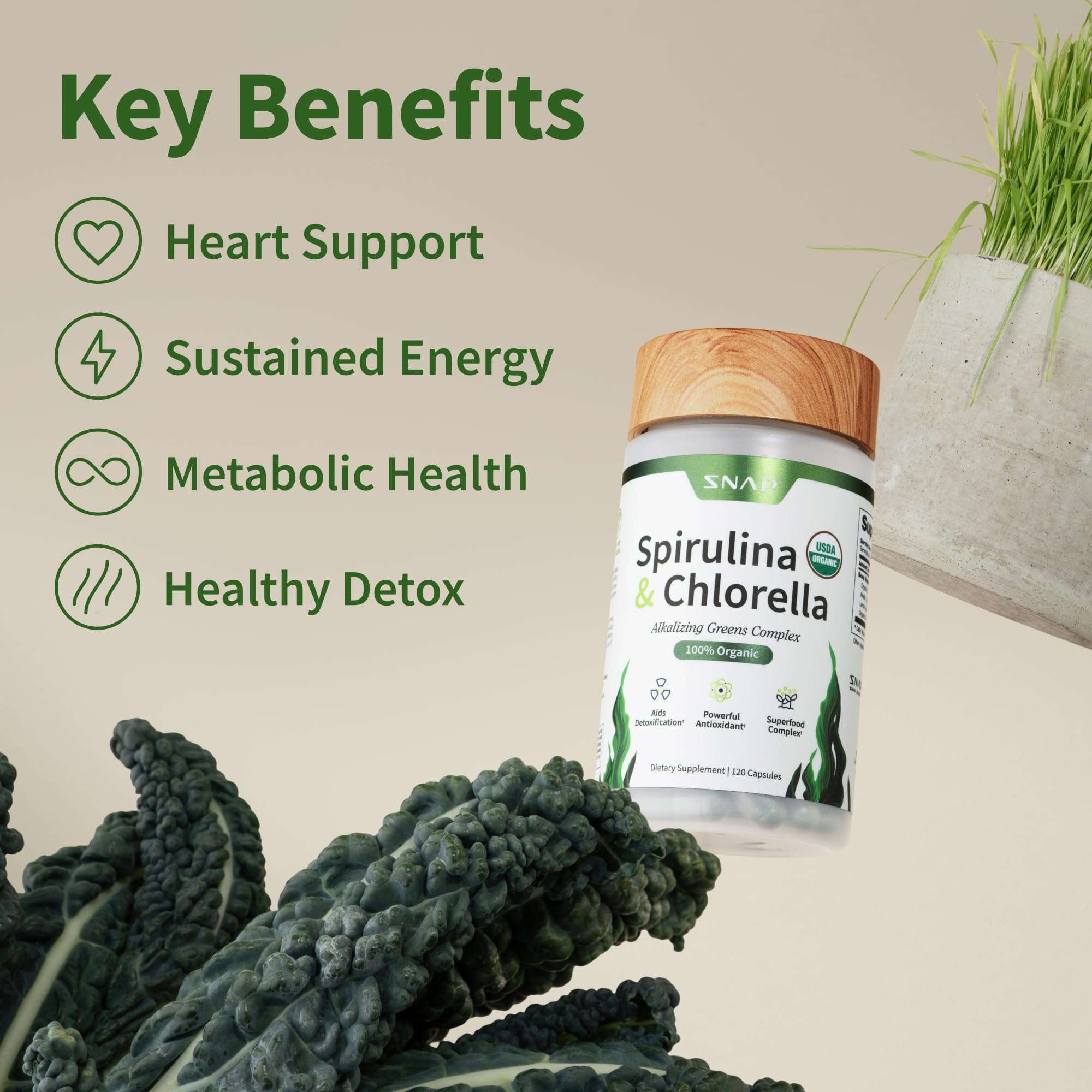 Snap Supplements Spirulina and Chlorella bottle with kale highlighting key benefits organic chlorella spirulina capsules
