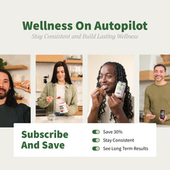 Snap Supplements banner with four people taking organic chlorella spirulina capsules promoting subscribe and save