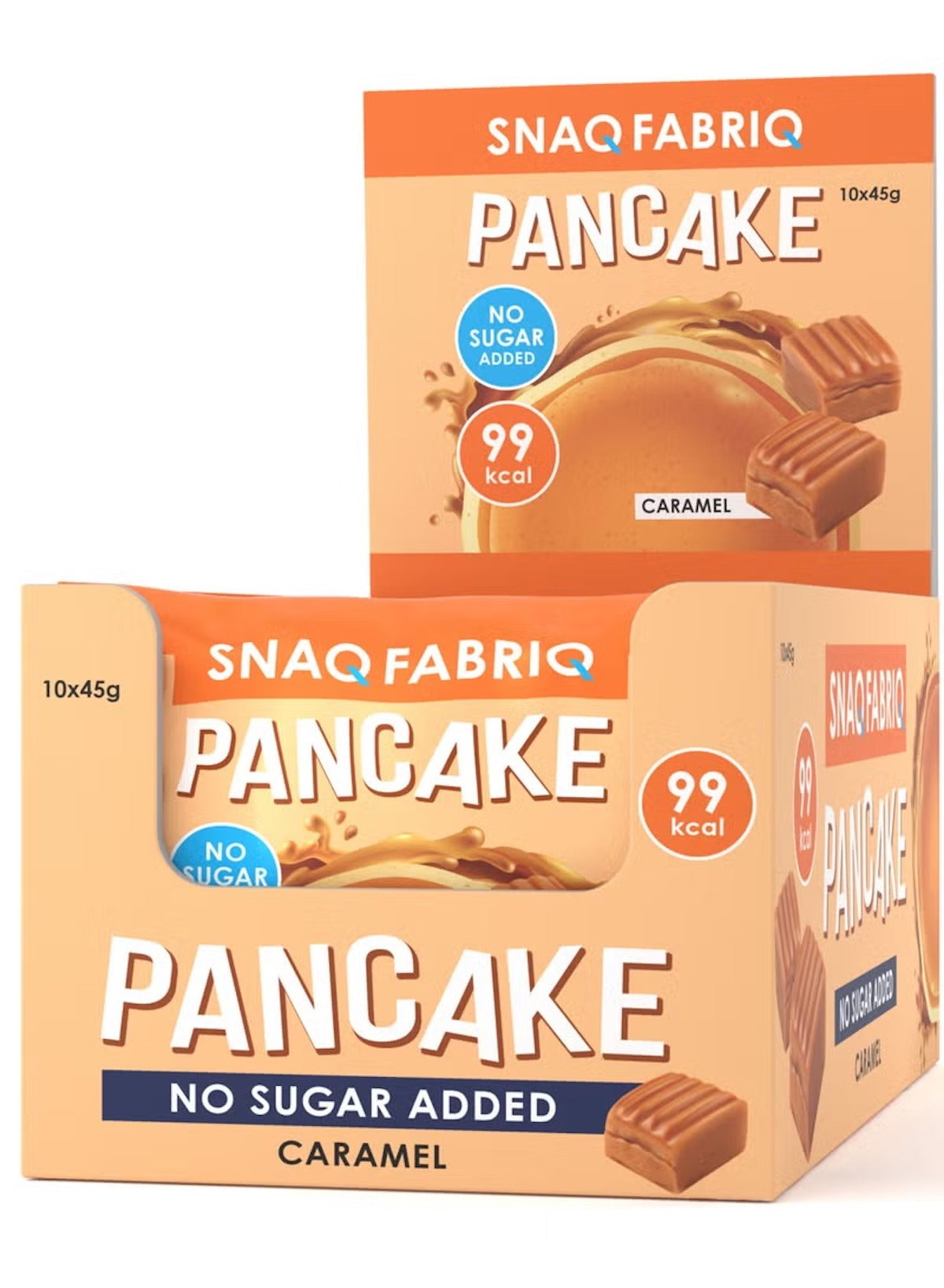 Snaq Fabriq protein pancake with caramel filling packaging, featuring no added sugar and 99 kcal per bar