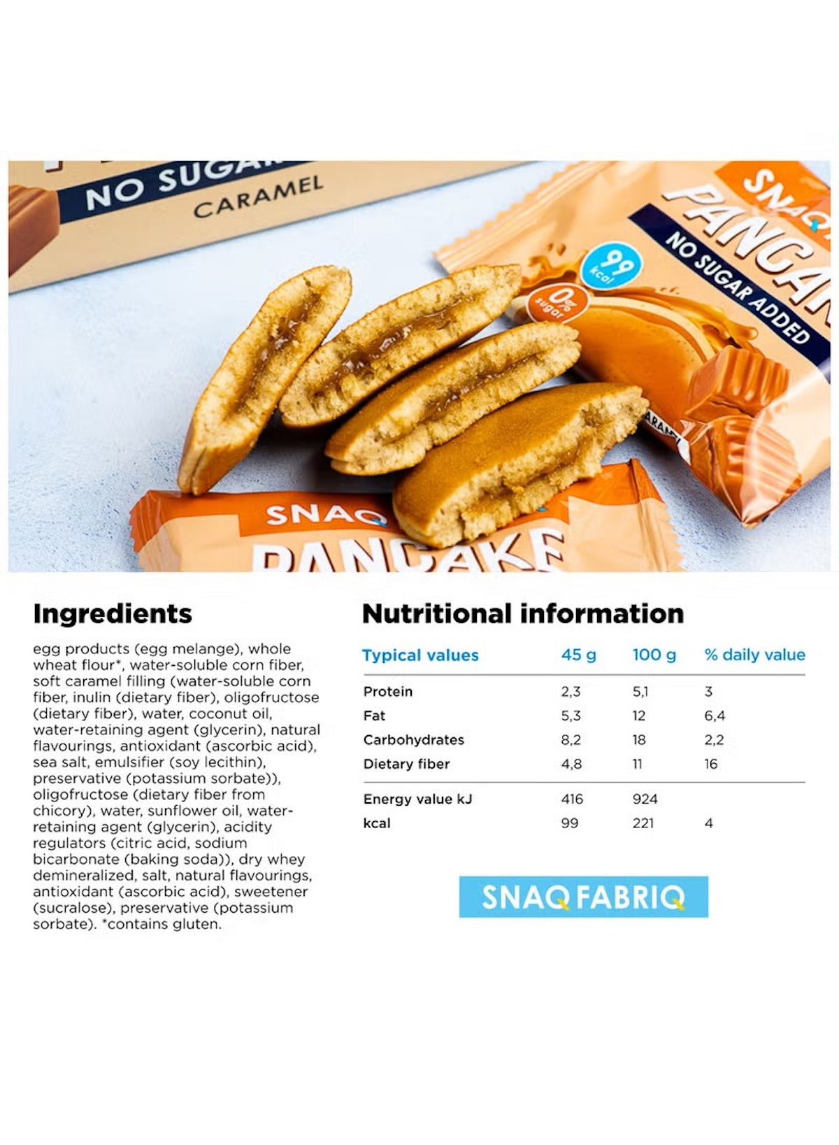 Snaq Fabriq protein pancake with caramel filling and nutrition facts, featuring ingredients and energy values