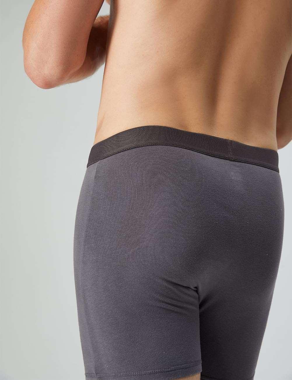 Men's dark gray boxer shorts, side-back view with elastic waistband