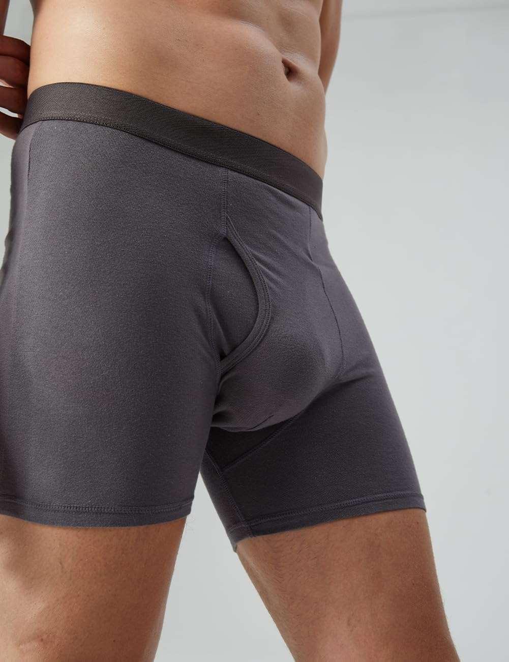 Men's dark gray boxer shorts, close-up of rear seat and elastic waistband
