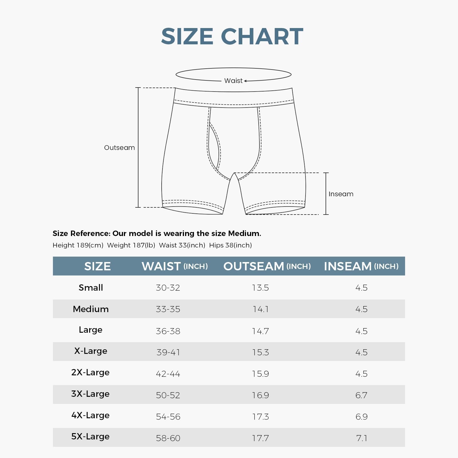 Size chart for soft cotton mens boxer shorts by Natural Feelings showing waist outseam and inseam measurements