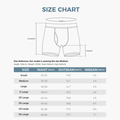 Size chart for soft cotton mens boxer shorts by Natural Feelings showing waist outseam and inseam measurements