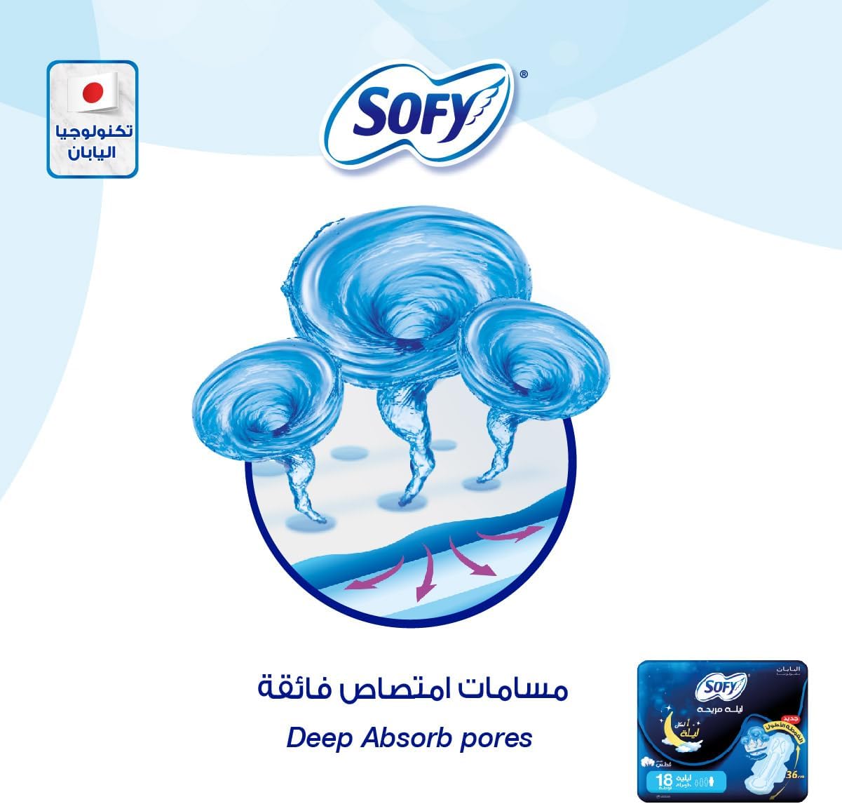Sofy Comfort Night sanitary pads 35cm UAE package showing deep absorb pores graphic and night use pack