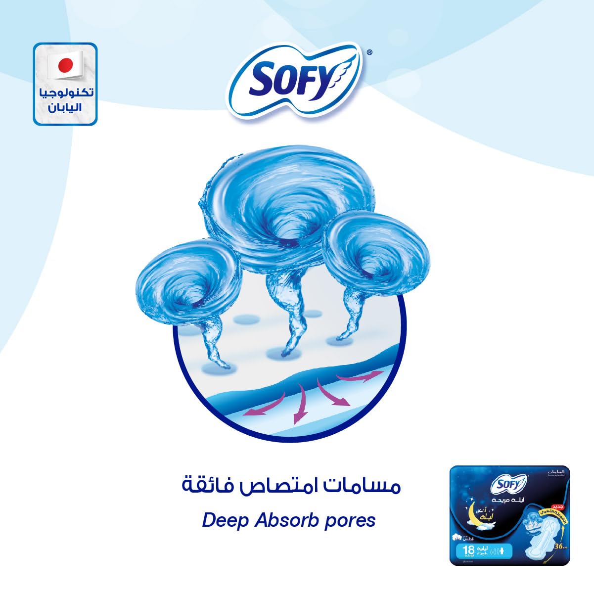 Sofy Comfort Night sanitary pads 35cm UAE packaging with Sofy logo illustration of deep absorb pores