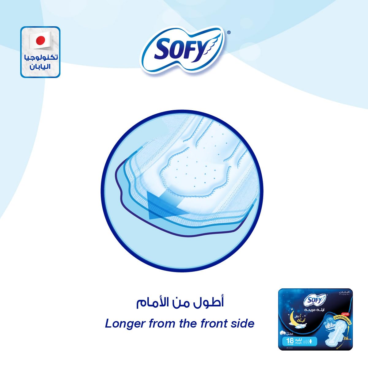 Sofy Comfort Night sanitary pads 35cm UAE package and diagram showing longer front night pad design and brand logo