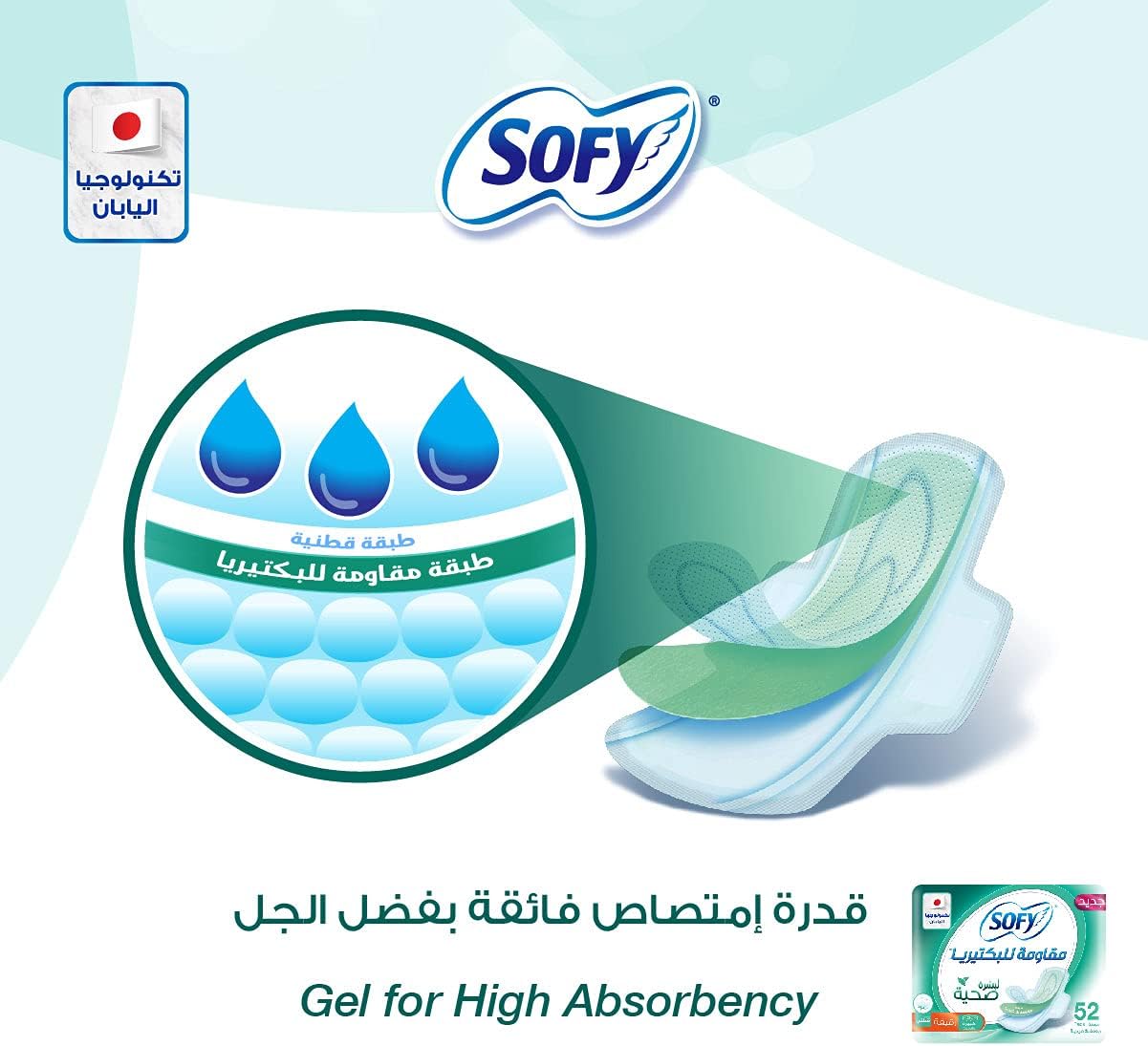 SOFY sanitary pads large with wings showing gel core for high absorbency three droplet icons and Sofy logo