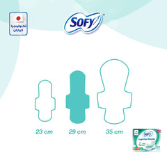 SOFY sanitary pads large with wings showing three pad sizes 23 cm 29 cm and 35 cm with packaging