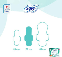 SOFY sanitary pads large with wings pack showing three pad silhouettes labeled 23 cm 29 cm 35 cm and product box