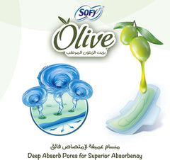 SOFY sanitary pads pack of 56 Olive moisturizing pads with deep absorb pores green pad and olive oil illustration