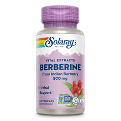 Solaray bottle of Berberine 500 mg from Indian Barberry 60 vegcaps labeled Berberine capsules for glucose metabolism