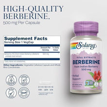Solaray Berberine 500 mg supplement facts panel with bottle and quality badges