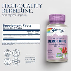Solaray bottle and supplement facts label for Berberine from Indian Barberry 500 mg Berberine capsules for glucose metabolism