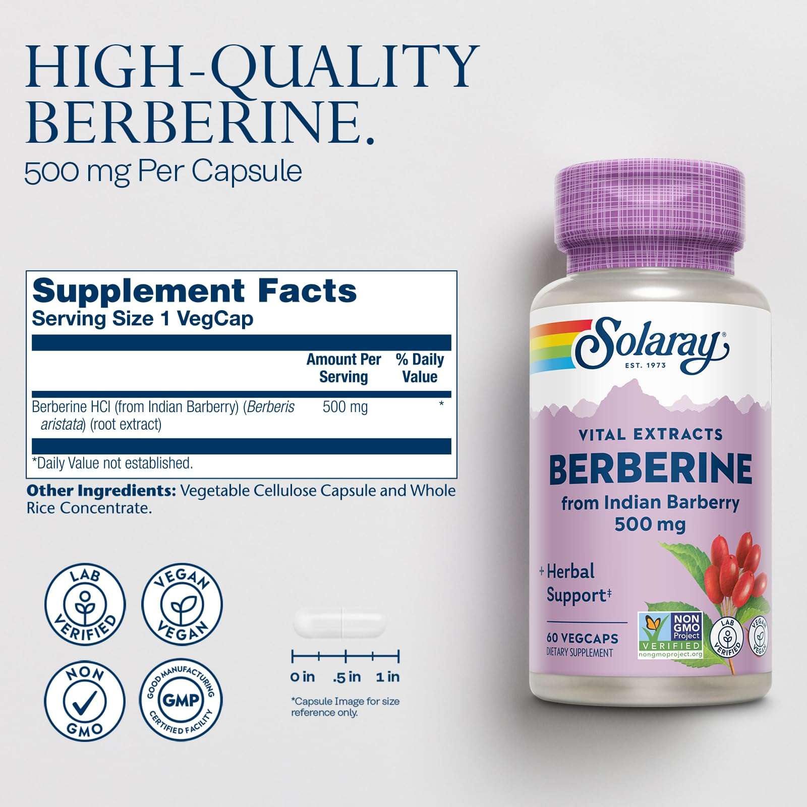 Solaray Berberine 500 mg bottle with purple cap and Supplement Facts panel Berberine capsules for glucose metabolism