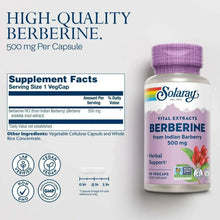 Solaray Berberine supplement bottle with Supplement Facts panel, 500 mg per vegcap