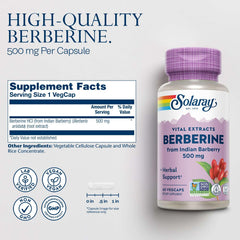 Solaray Berberine 500 mg bottle with purple cap and Supplement Facts panel Berberine capsules for glucose metabolism