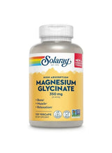 Solaray magnesium glycinate supplement bottle with white cap and yellow 350 mg label