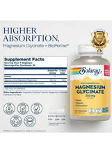 Solaray magnesium glycinate supplement bottle with Supplement Facts label and serving size