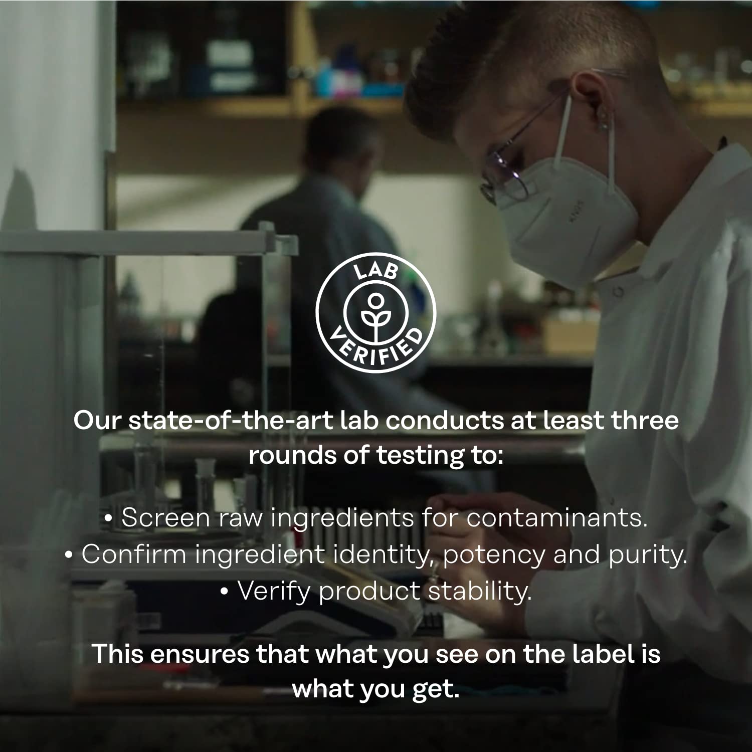 SOLARAY lab technician in mask with Lab Verified badge testing products to ensure purity for magnesium glycinate 350mg supplement