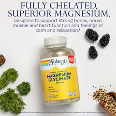 Solaray bottle of magnesium glycinate 350mg supplement on white background with kale berries and quinoa
