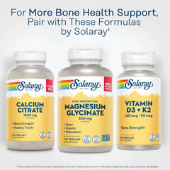 SOLARAY magnesium glycinate 350mg supplement bottle centered with Calcium Citrate and Vitamin D3 K2