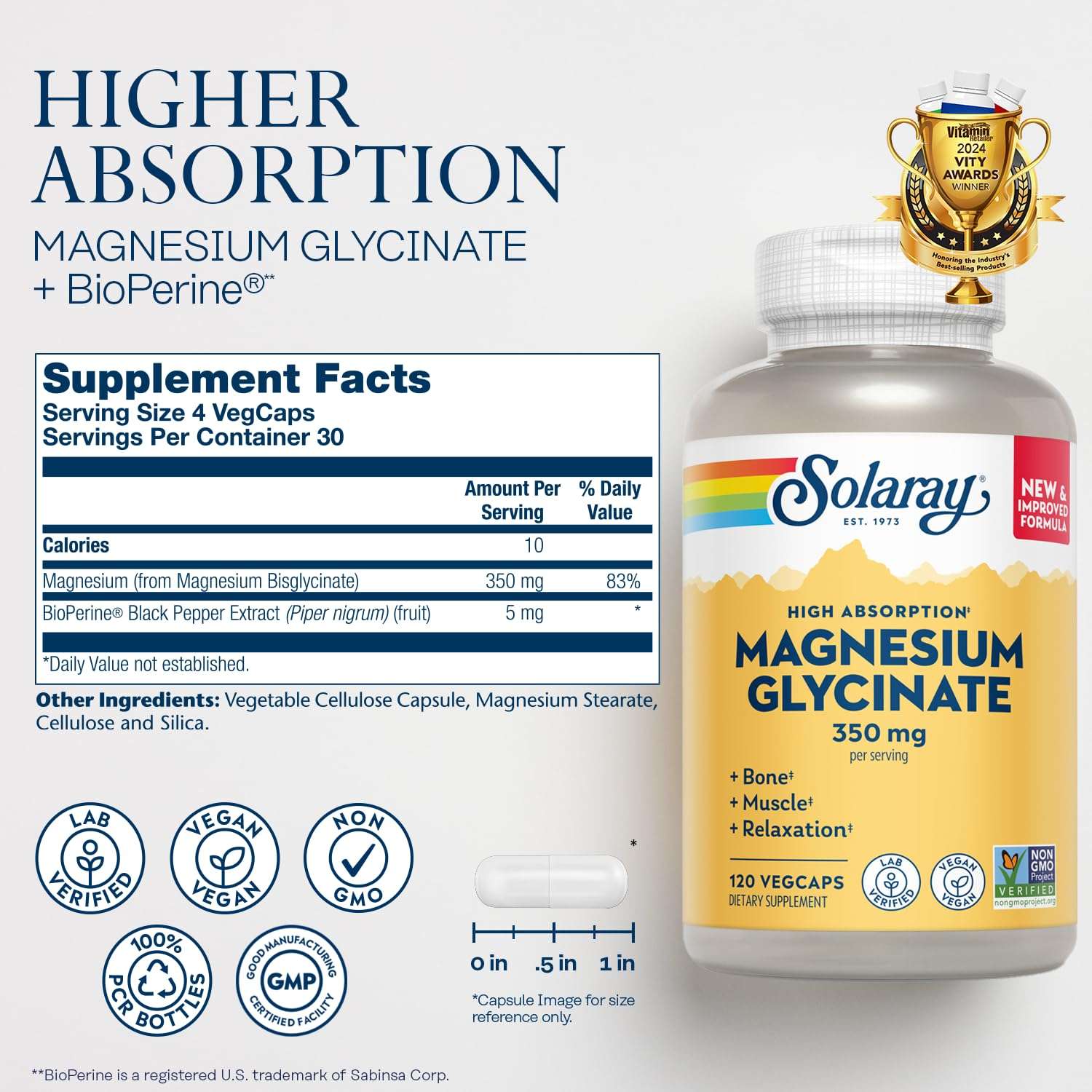 Solaray bottle and supplement facts label for magnesium glycinate 350mg supplement high absorption 120 vegcaps