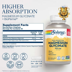 Solaray bottle and supplement facts label for magnesium glycinate 350mg supplement high absorption 120 vegcaps