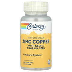 Solaray zinc and copper supplement capsules bottle with kelp and pumpkin seed 100 vegcaps yellow label