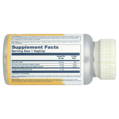 SOLARAY bottle showing Supplement Facts label of zinc and copper supplement capsules lying on side